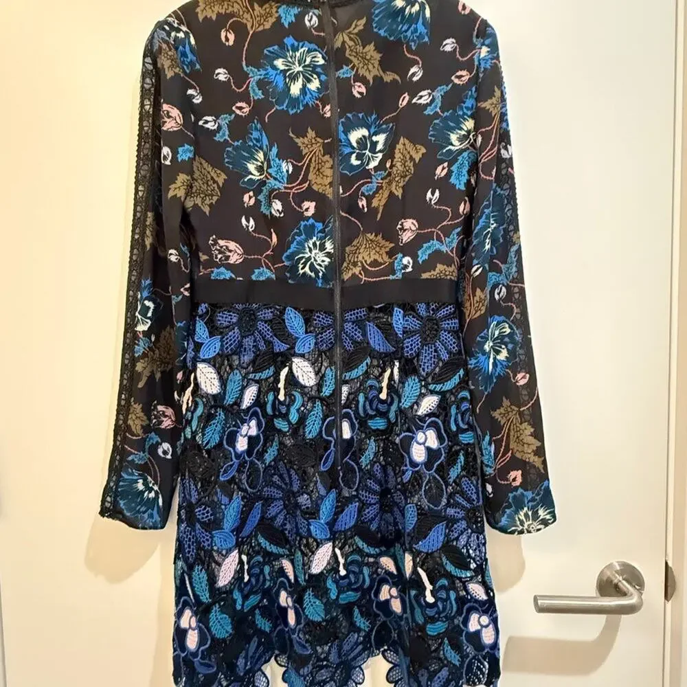 Self-Portrait Black Blue Floral Lace Long Sleeve Cocktail Mini Dress Size 6 - Picture 9 of 14